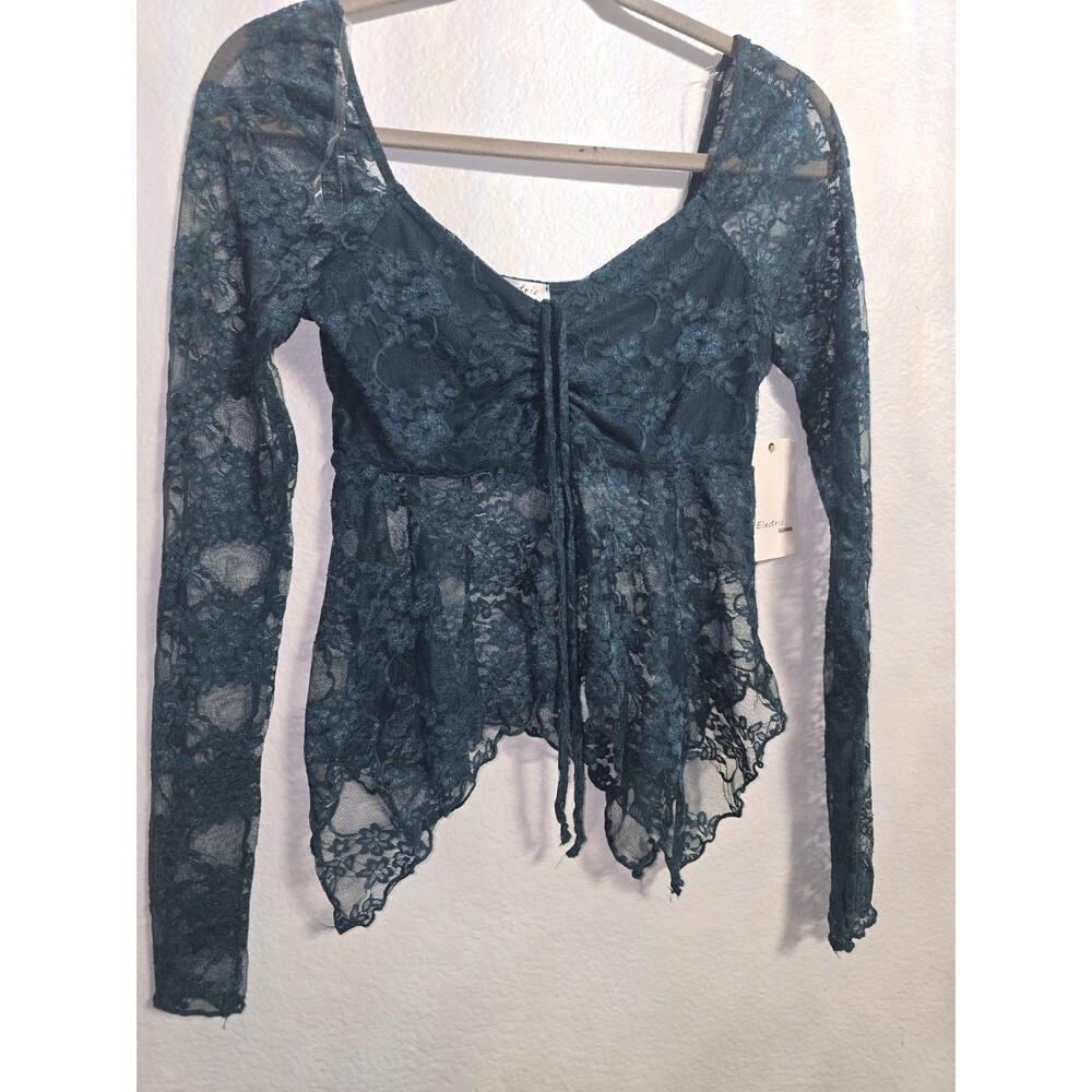 Y2K Sheer Long Sleeve Lace Top Blue Mesh Drawstring Grunge Whimsigoth Babydoll